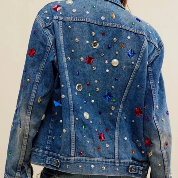 Free People x Tricia Fix Dazzled Denim Jacket Uncycle Reworked Jewels Studded - Picture 4 of 12